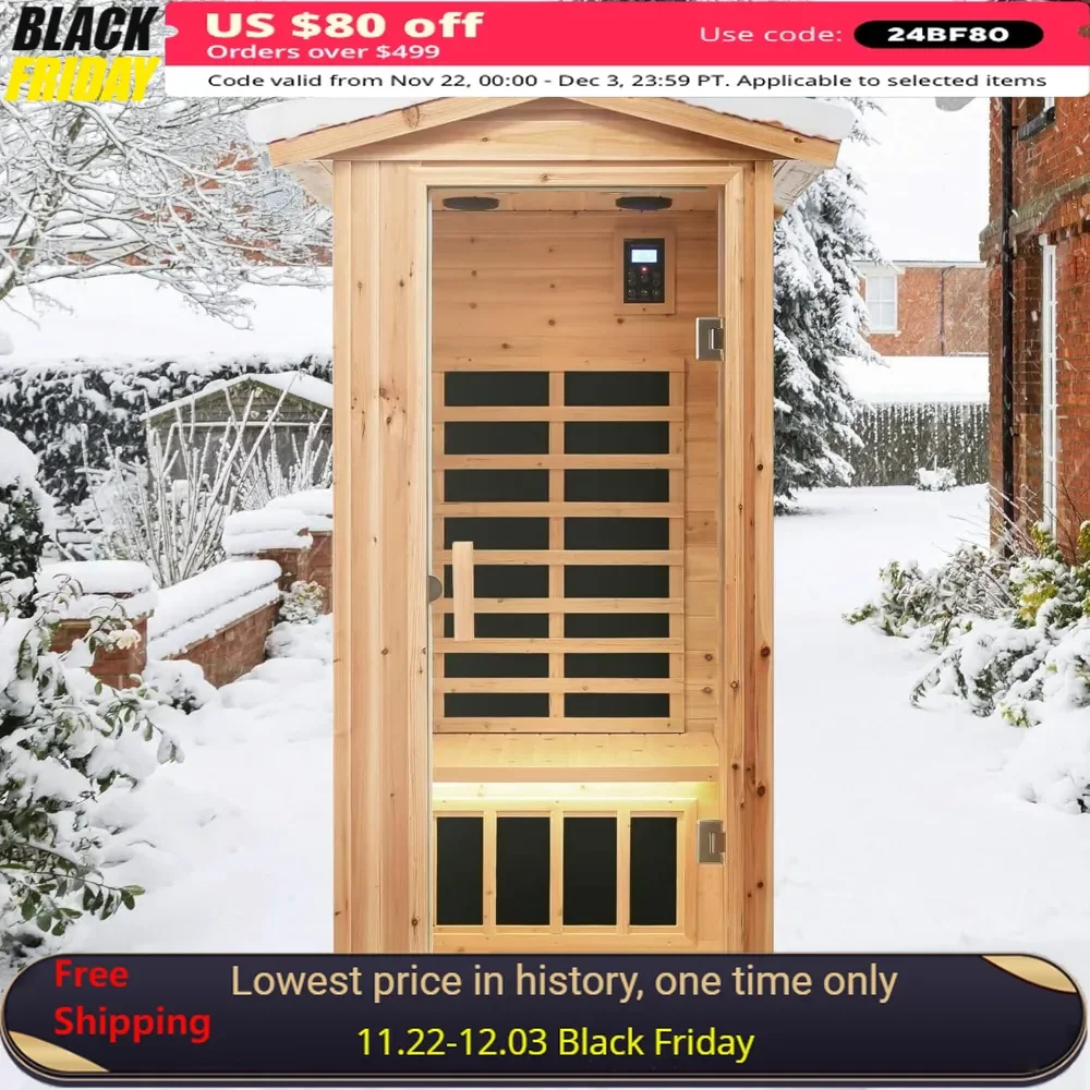 Sauna exterior de madera de infrarrojo lejano, tamaño para 1 persona, W/1560 W, 6 calentadores EMF bajos, precalentamiento de 10 minutos, preestablecido de tiempo y temperatura