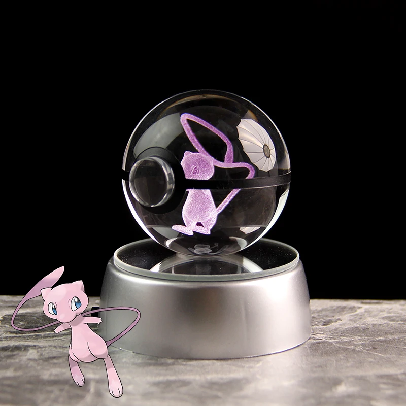 Mew Pokemon 3D Laser Engraving Glass Ball, Pocker Monster Game Character, Model Toys, Xmas Gifts, 5cm