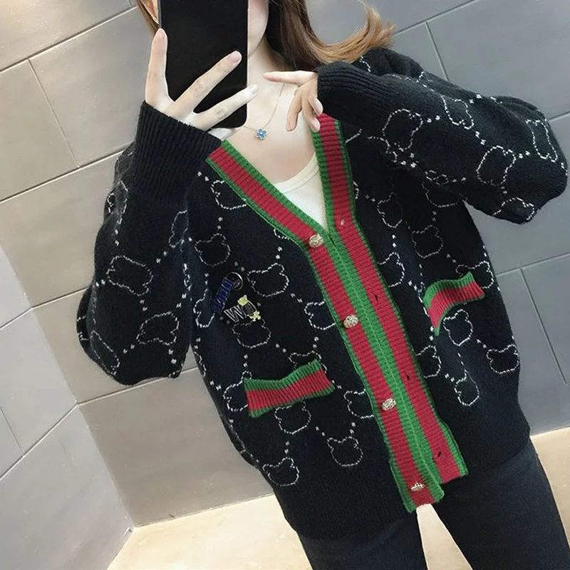 Autumn Winter New Printing Fashion Long Sleeve Sweater Women Casual Loose Button Korean Style Elegant Y2K All-match Cardigan