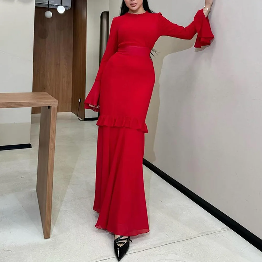 

Floor Length Long Sleeves Straight Sweep Train Solid Color Saudi Arabia Evening Gowns Elegant Dresses For Formal Occasions 2024