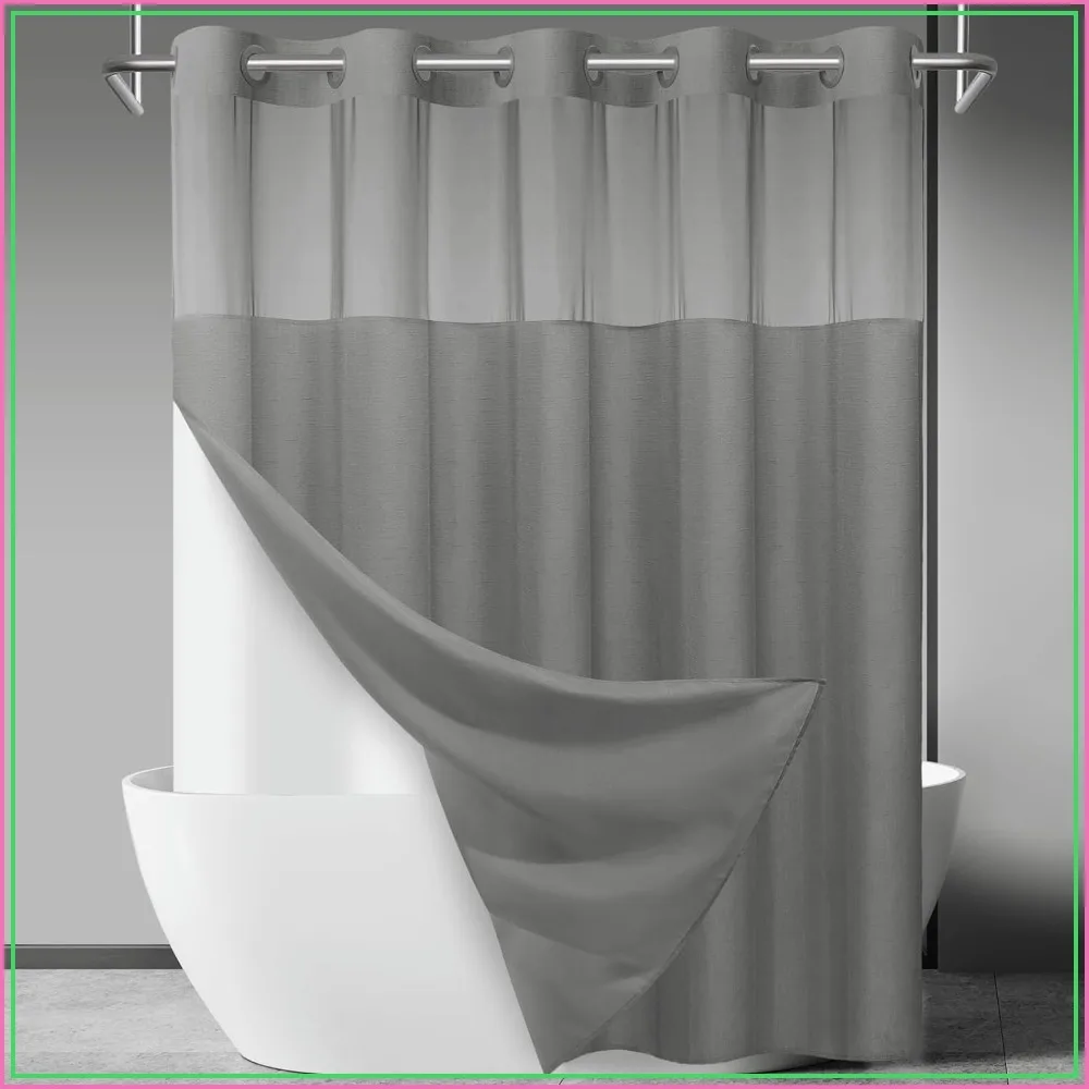 

Grey Fabric Shower Curtain with Waterproof Liner, Hotel Style See-Through Top Window, 71x74