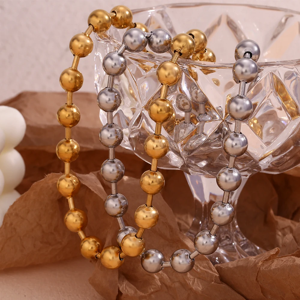 E.B.belle Halskette mit runden Perlen, schlicht, hypoallergen, silberfarben, 316L-Edelstahl, Schmuck, 18 Karat vergoldet, Dekoration – Detail 5