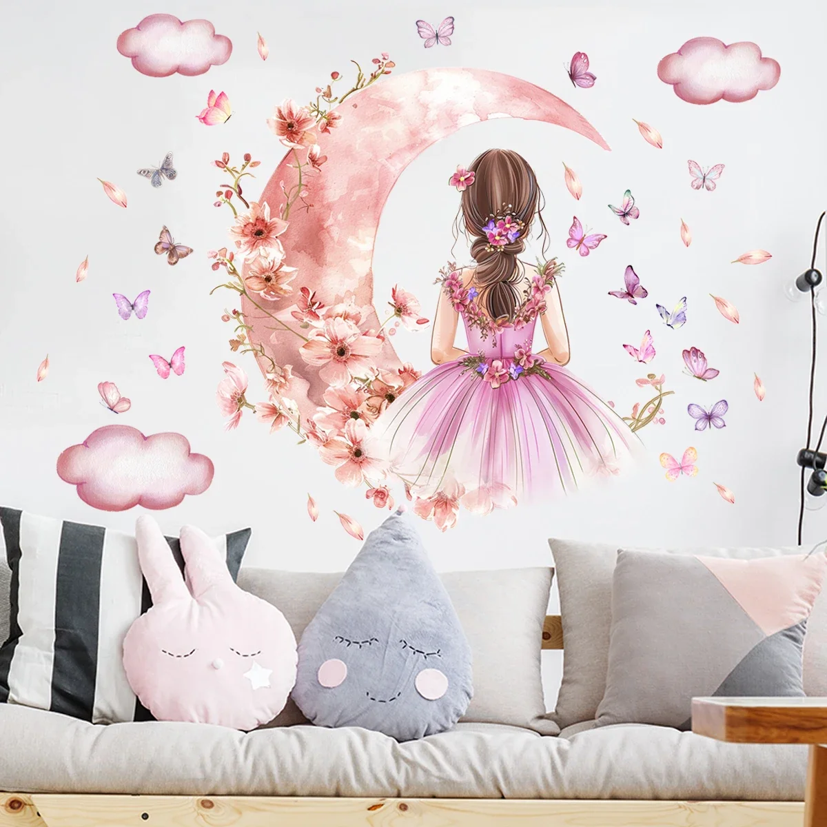 2Pcs Cloud Moon Girls Butterflies Wall Stickers for Bedroom Decoration Living Room Wall Decals Kids Baby Room Decor for Home