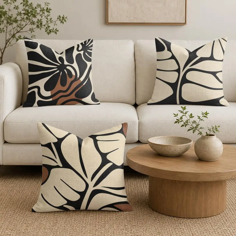 Bold Neutral Botanicals Cushion Cover Organic Linen Throw Pillow Cover - Double-Sided Print Breathable Cushion Case Home Decor