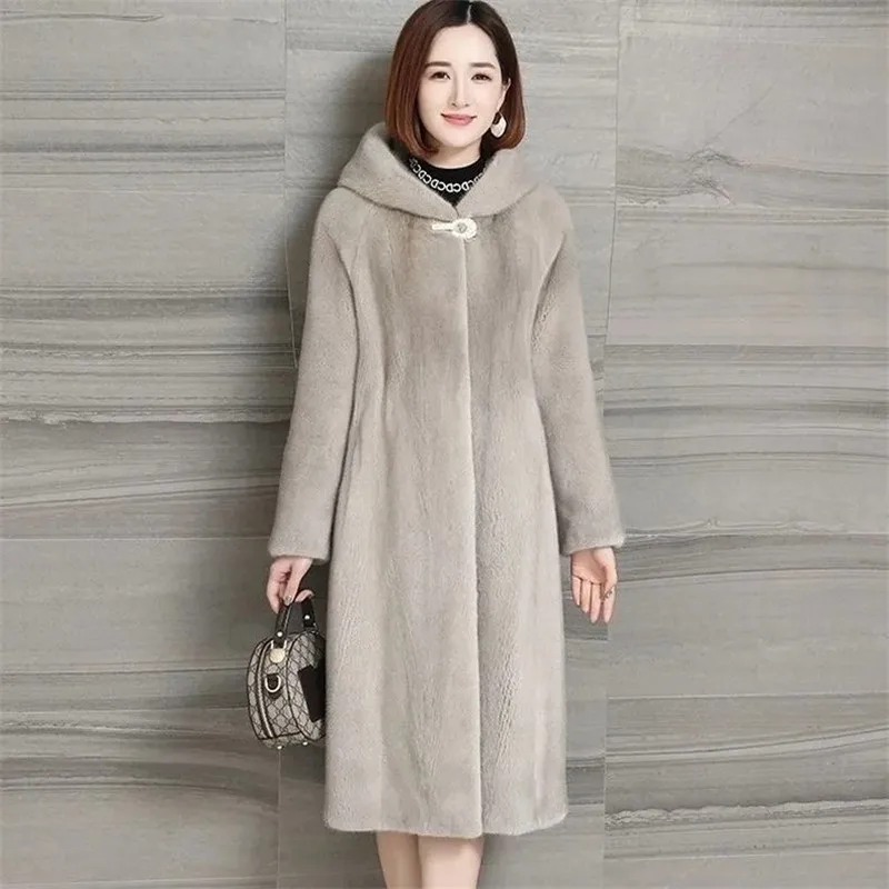 2024 New Fashion Female Mink Faux fur Coat Black Loose Thicken Mother\'s Hooded Jacket Women\'s Winter Warm Long Parkas Overcoat