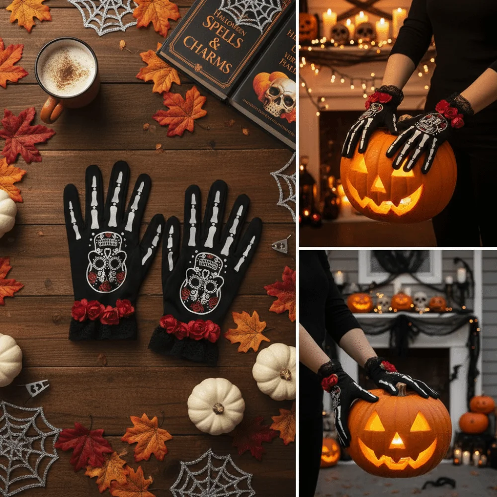 Rose Flower Design Lace Mesh Mittens Luminous Punk Style Halloween Cosplay Gloves Winter Warm Halloween Gloves