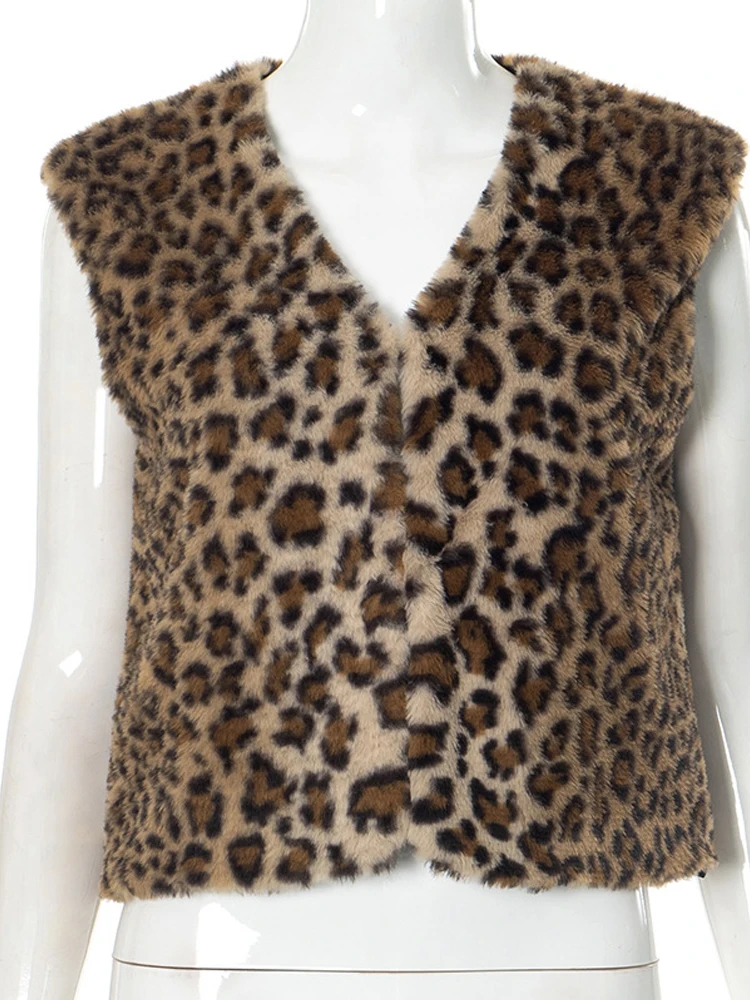 BKQU Gilet in pelliccia sintetica leopardata Moda donna scollo a V senza maniche Gilet casual Cappotto 2024 Inverno Peluche caldo Capispalla da