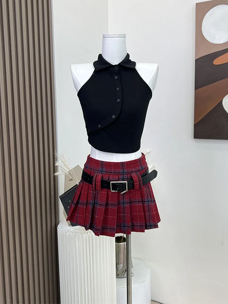 Sweet 2000s Aesthetic Outfits 2 Piece Set Off Shoulder Black Chic Polo-Neck Crop Tops + Sexy Plaid Skirt Japanese Preppy Style