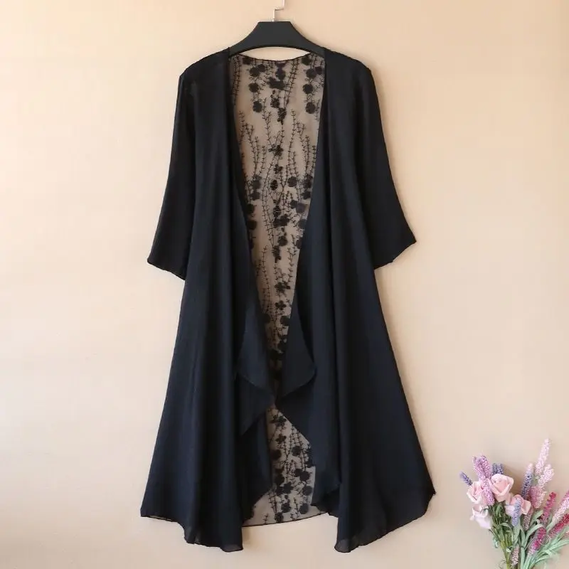 Women Chiffon Tunic Kimono Cardigan Lace Long Shirt Ruffles Hollow Out Loose Ladies Cardigans Spring Summer Shirts Female