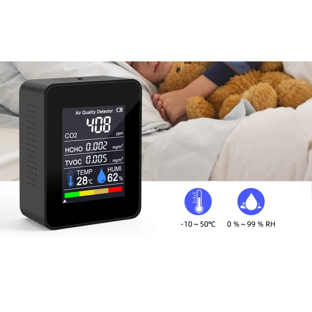 LCD Equipped Air Monitor for HCHO For PM2.5 For PM10 PM1.0 TVOC Temperature Humidity Detection and Continuous Operation