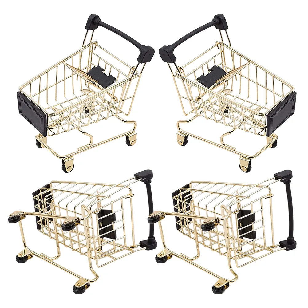4 個の金属製ハンドカート収納バスケットミニショッピングトロリー子供スーパーマーケットのおもちゃ装飾カート化粧品スポンジホルダー