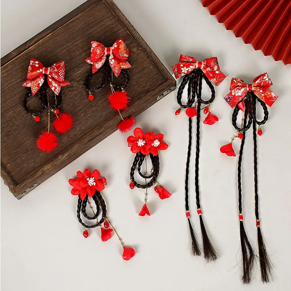 1 Pair Chinese Style Bow Child Hair Pin Girl Pearl Tassels Flower New Year Headdress Cute Sweet Red Autumn Winter Headwear