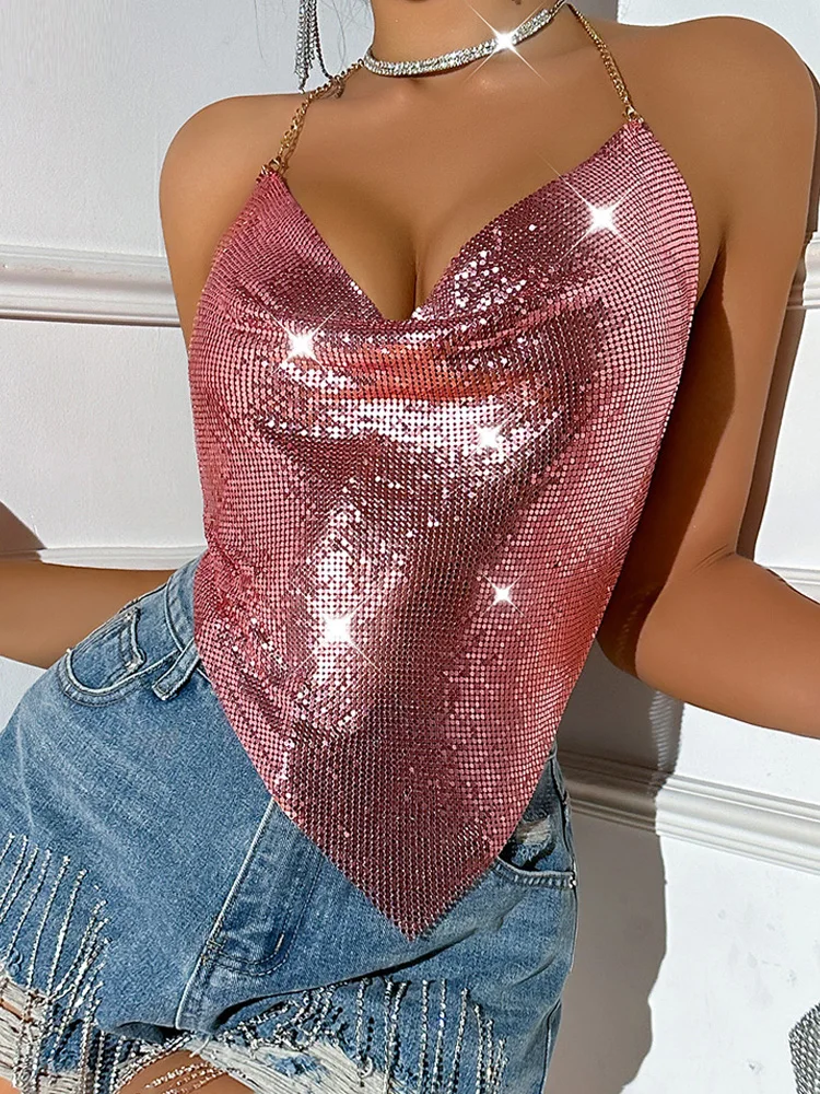 Canotta alla moda in cotta di maglia Elegante catena sottile in metallo con scollo a V senza schienale senza maniche Casual Halter con paillettes Maglia a rete Top corto per ragazze