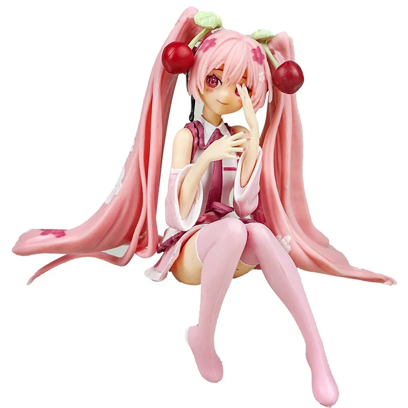 Boxed 11CM Anime Hatsune Miku Pink Sakura Sitting posture sailor costume Kawaii Figure PVC Model Toys Doll Car Ornaments Gifts