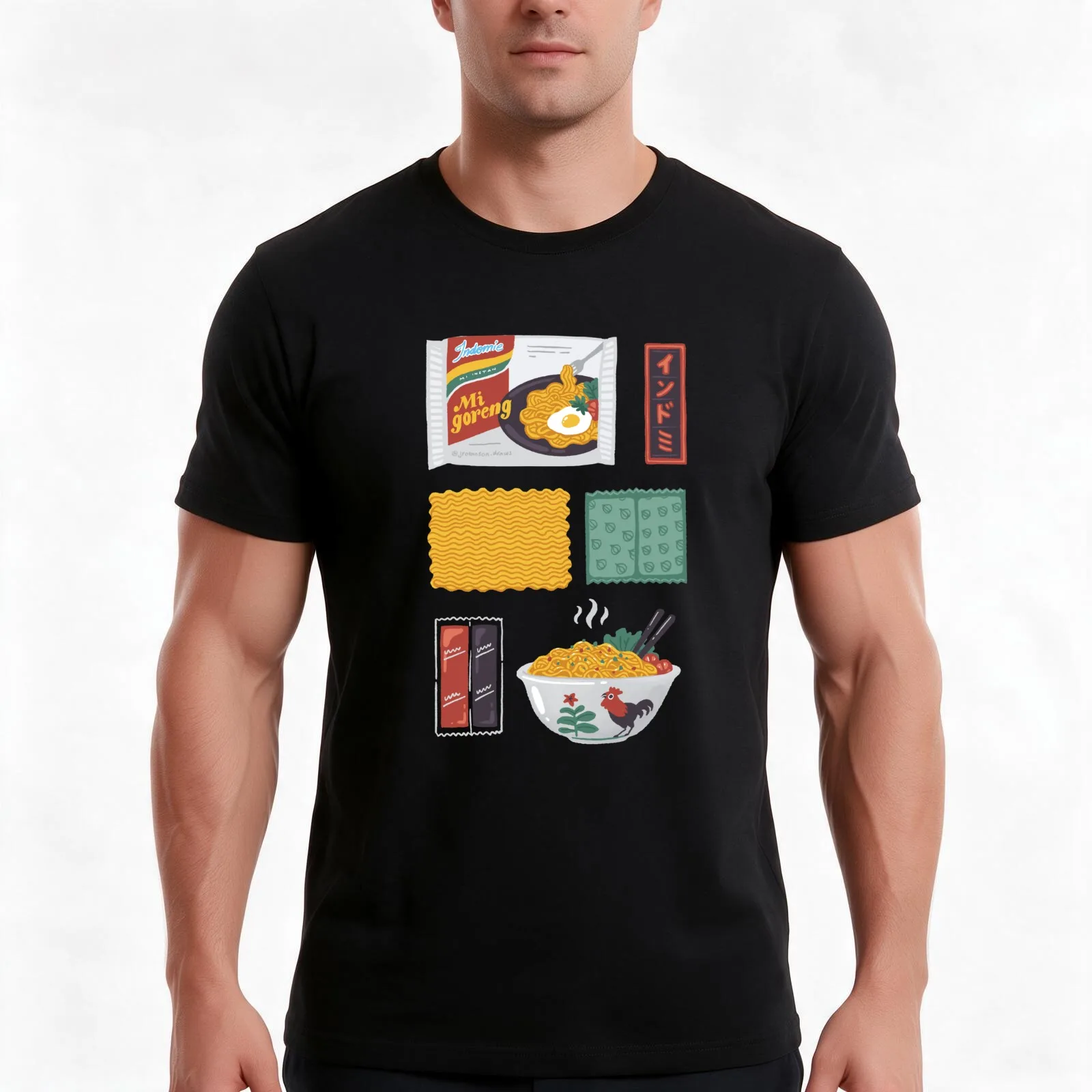 Indomie – Premium-T-Shirt mit Mie Goreng-Motiv, lässiges Sommer-Baumwoll-T-Shirt, Oversized-Streetwear-Oberteil, Vintage-Grafikdruck.
