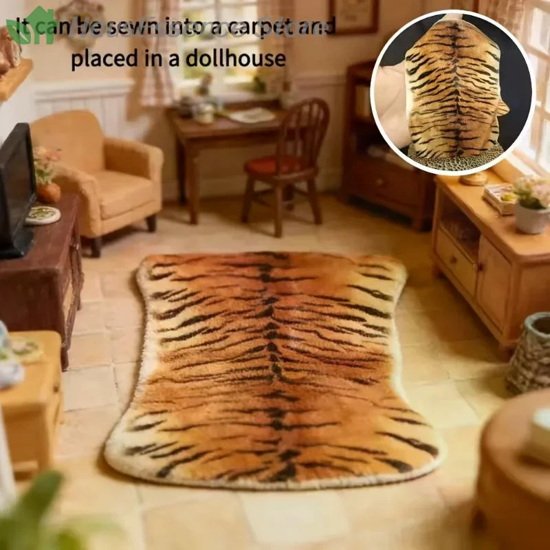 ※1Pcs 1:12 Dollhouse Miniature Tiger Pattern Leopard Pattern Plush Carpet Model Bedroom Living Room Decor Doll House