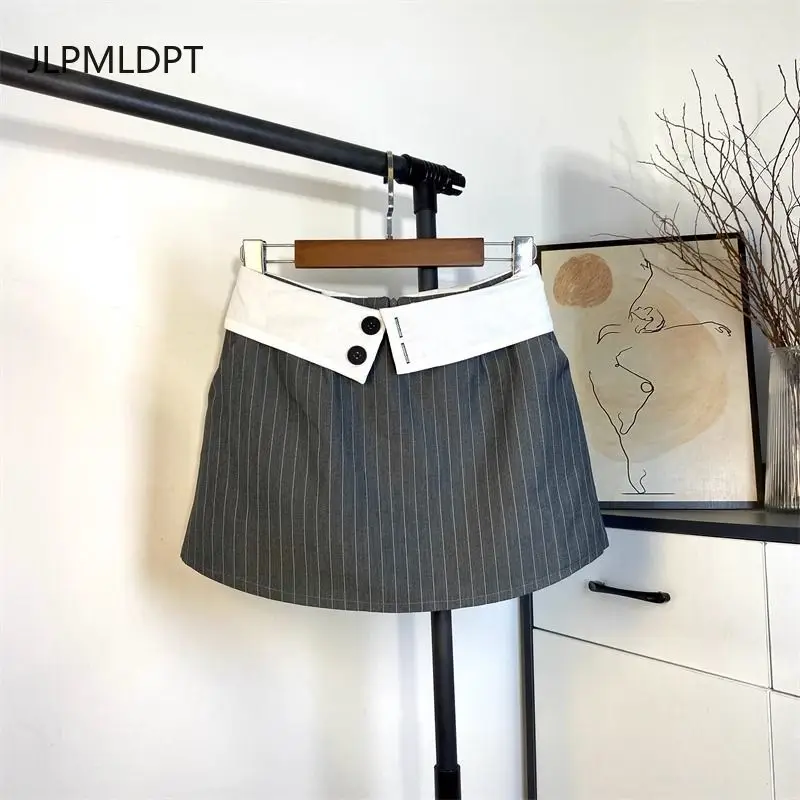 

Grey suit striped skirt women's summer design sense high waist flanged A word short small anti-light skirt