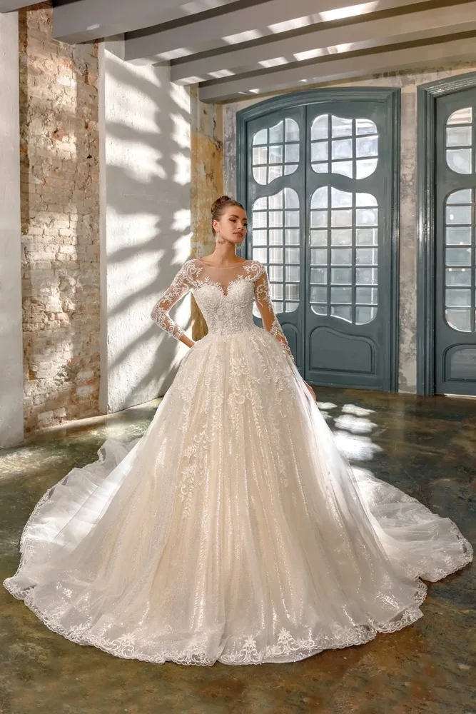 

Customized Luxury Ball Gown Wedding Dresses Beaded Embroider Princess Royal Sparkling Wedding Gown Vestidos De Novia