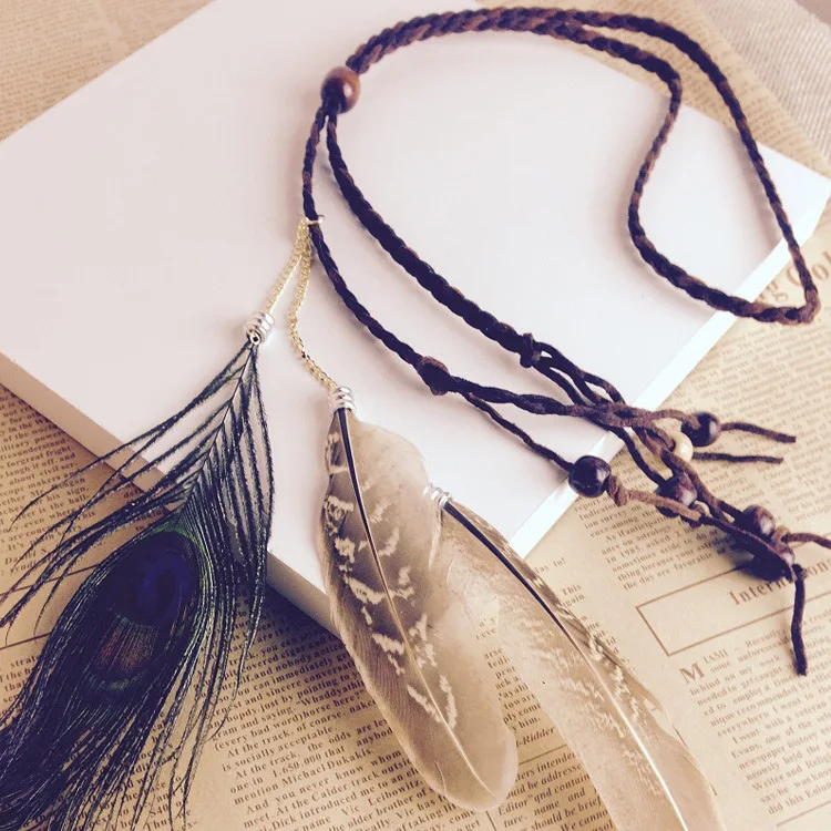 New Women Peacock Feather Headband Bohemian Indian Bride Headband Wooden Bead Twieted Hair Band Hair Jewelry A5022