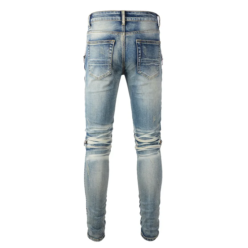 Distressed Motorbike Blue Color With Leather Ribs Patchwork Zippers Skinny Ripped Jeans Pants Men