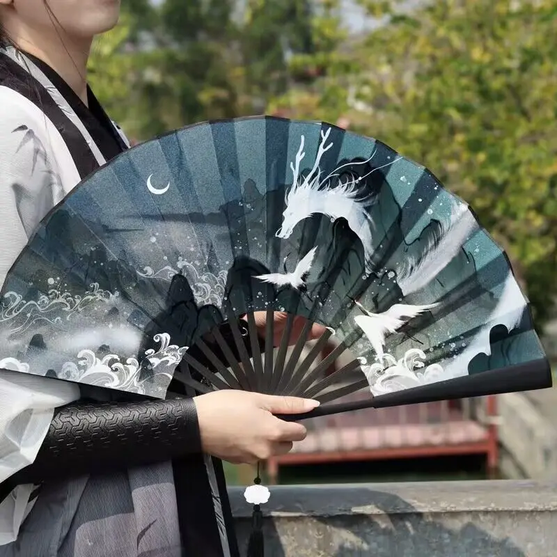 Summer Outdoor Decorative Folding Fan Bamboo and Wood Large Size Double-sided Hand Fan Home Decoration Chinese Gift 30cm