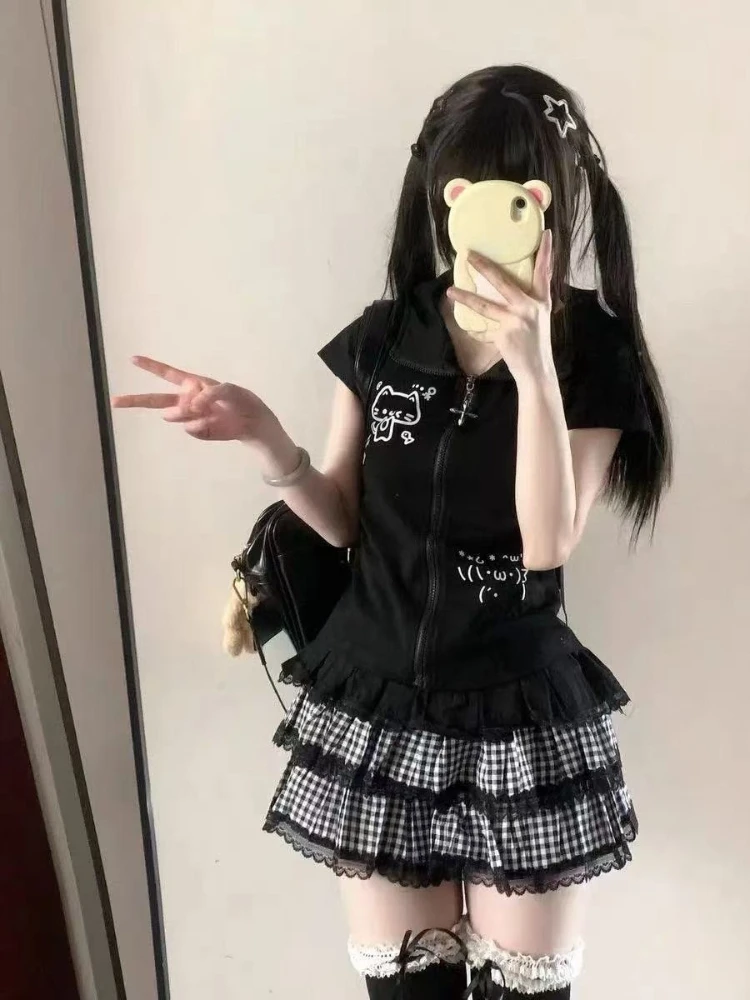 Kawaii رقيقة قصيرة الأكمام تي شيرت المرأة تصميم عادية سليم مقنع القمم الإناث الصيف الحلو اليابانية الجديدة سستة ملابس جميلة #5