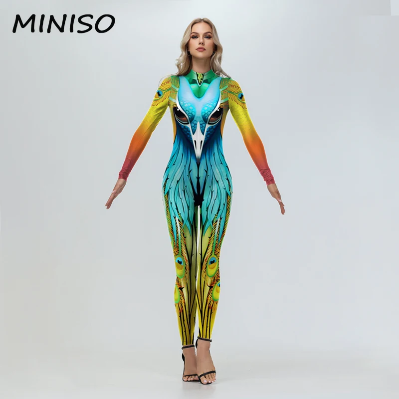 MINISO Vrouwen Cosplay Kostuum Dier Pauw Vogel 3D Afdrukken Zentai Body Halloween Party Dress Up Catsuit Jumpsuit