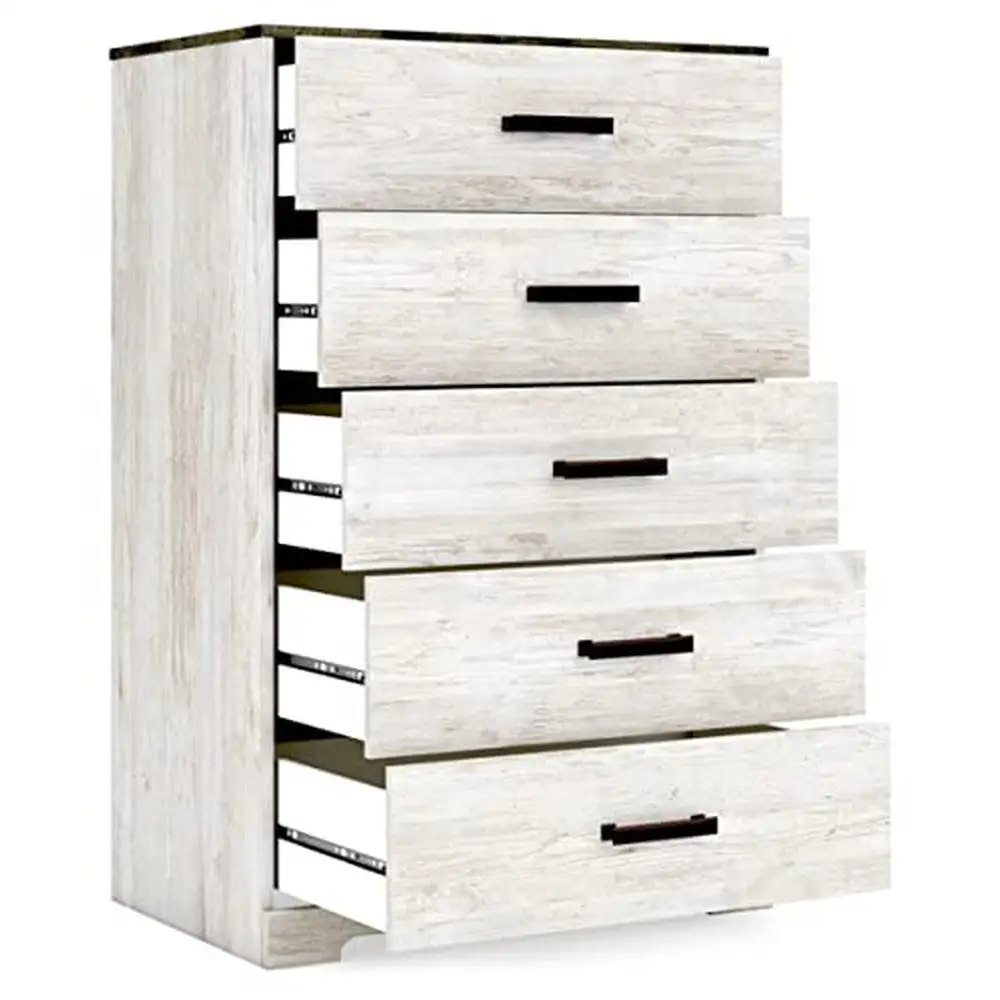 Rustic 5-Drawer Chest Two-Tone Finish Smooth Gliding Drawers Safety Stop White Gray