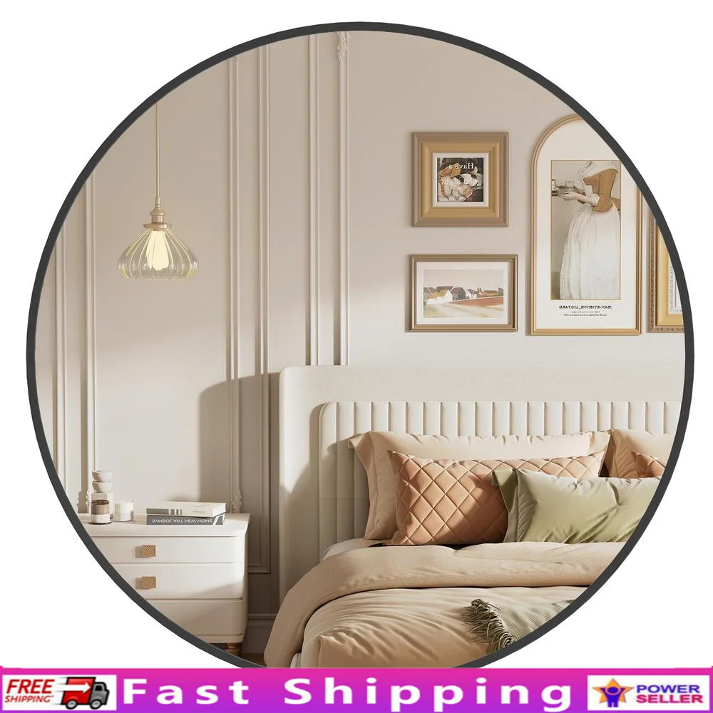 24-Inch Black Round Wall Mirror Aluminum Frame Bathroom Living Room Easy Install Oval Edge Smooth Surface