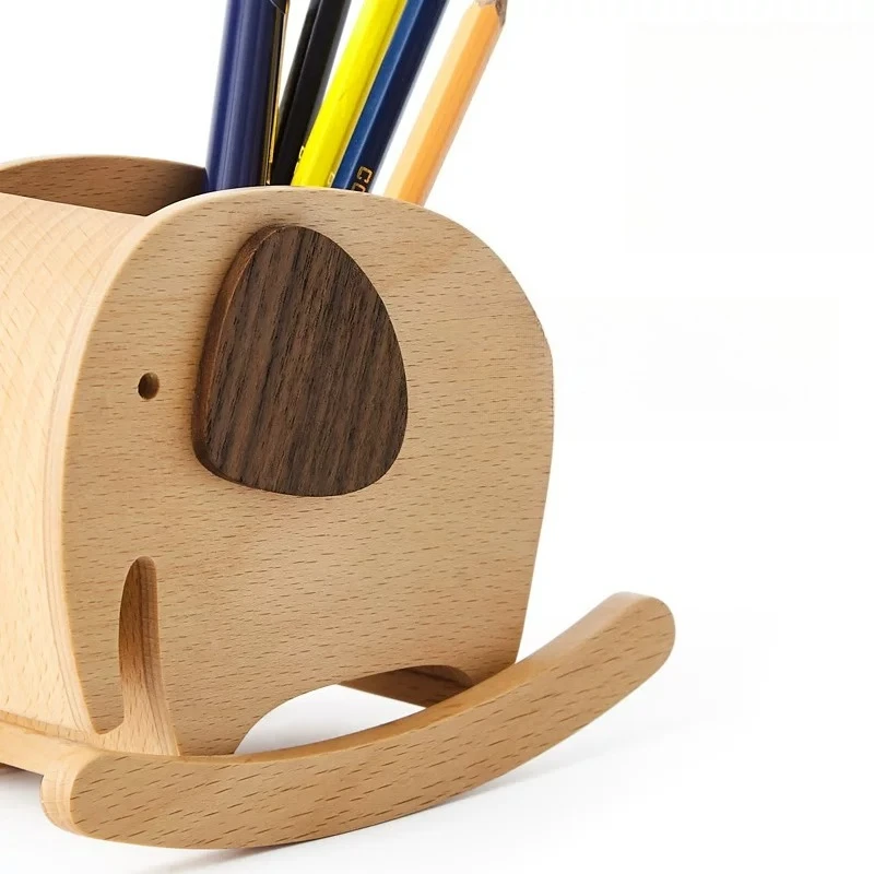✨ Cute Cartoon Elephant Wooden Pen Holder Pencil Cup Desk Organizer Office Desktop Decoration for Kids Students
