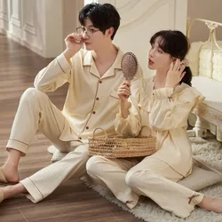 2024 New Couple Pajamas Women's Cotton Long Sleeved Pants Sleepwear Spring Autumn Sweet Men's Homewear V-neck Loose Loungewear