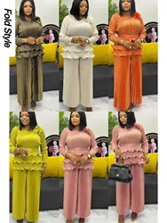 Autumn 2025 New Pleated Women's Suit Solid Color Bronzing V-Neck Ruffled Loose Plus Size Wide Leg Pants Casual Two-piece Set