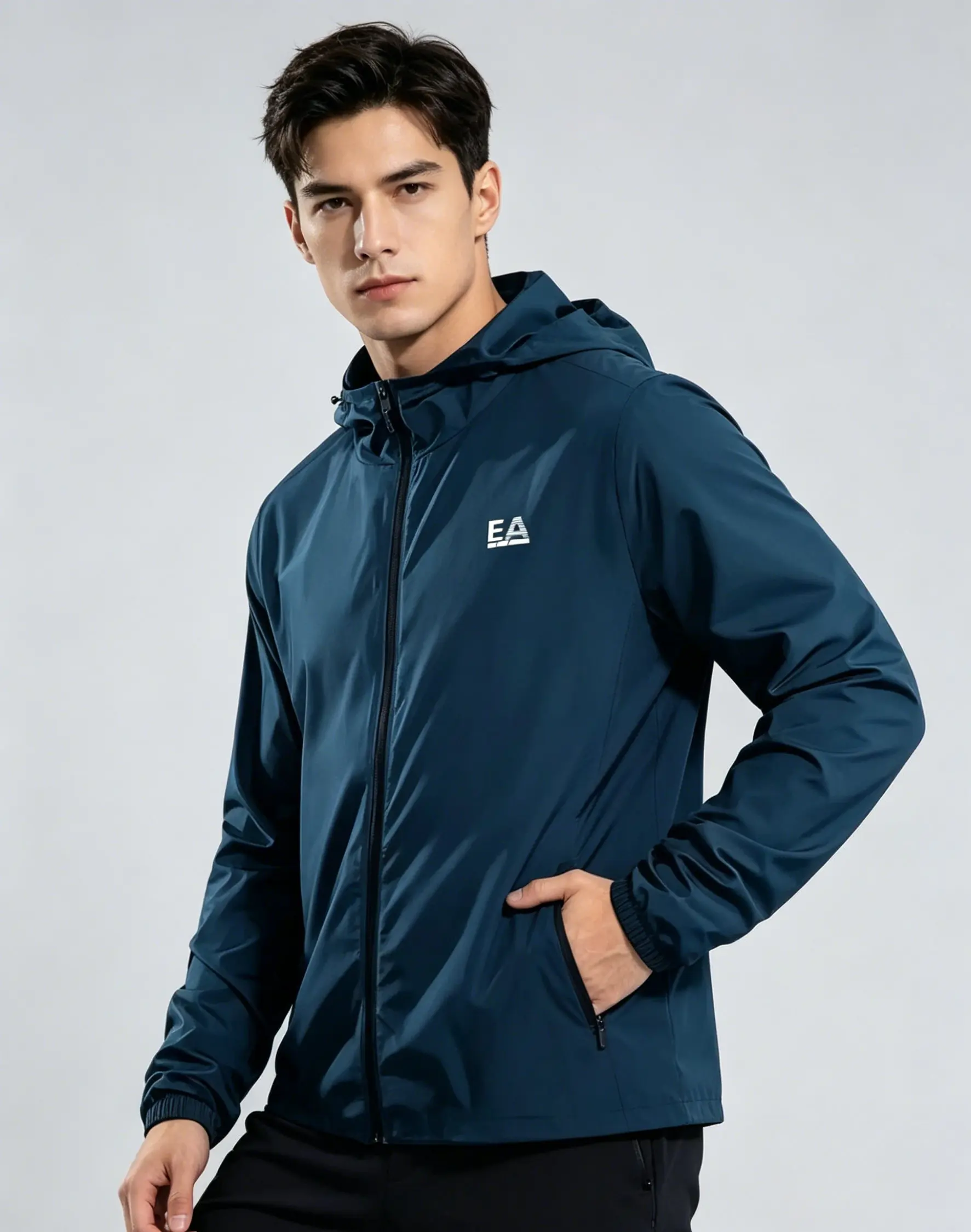 Herren EA Letter Logo Kapuzen-Windbreaker-Jacke, leichte, wasserdichte, lässige Outdoor-Reißverschlussjacke – Detail 1