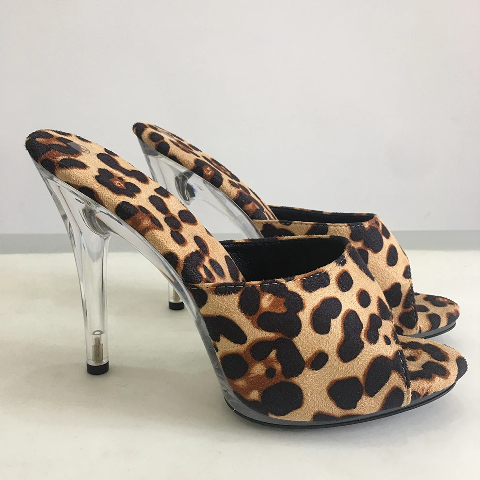Zapatillas de leopardo para mujer zapatos de tacón alto con punta abierta y tacón transparente sandalias de marca talla grande 45 Color caramelo