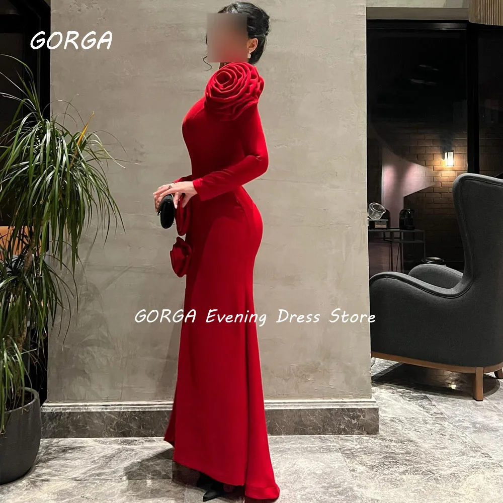 GORGA Red 3D Flowers High Neck Mermaid 2024 Slim Crepe Long Ocassion Gown Floor-Length Formal Evening Dress