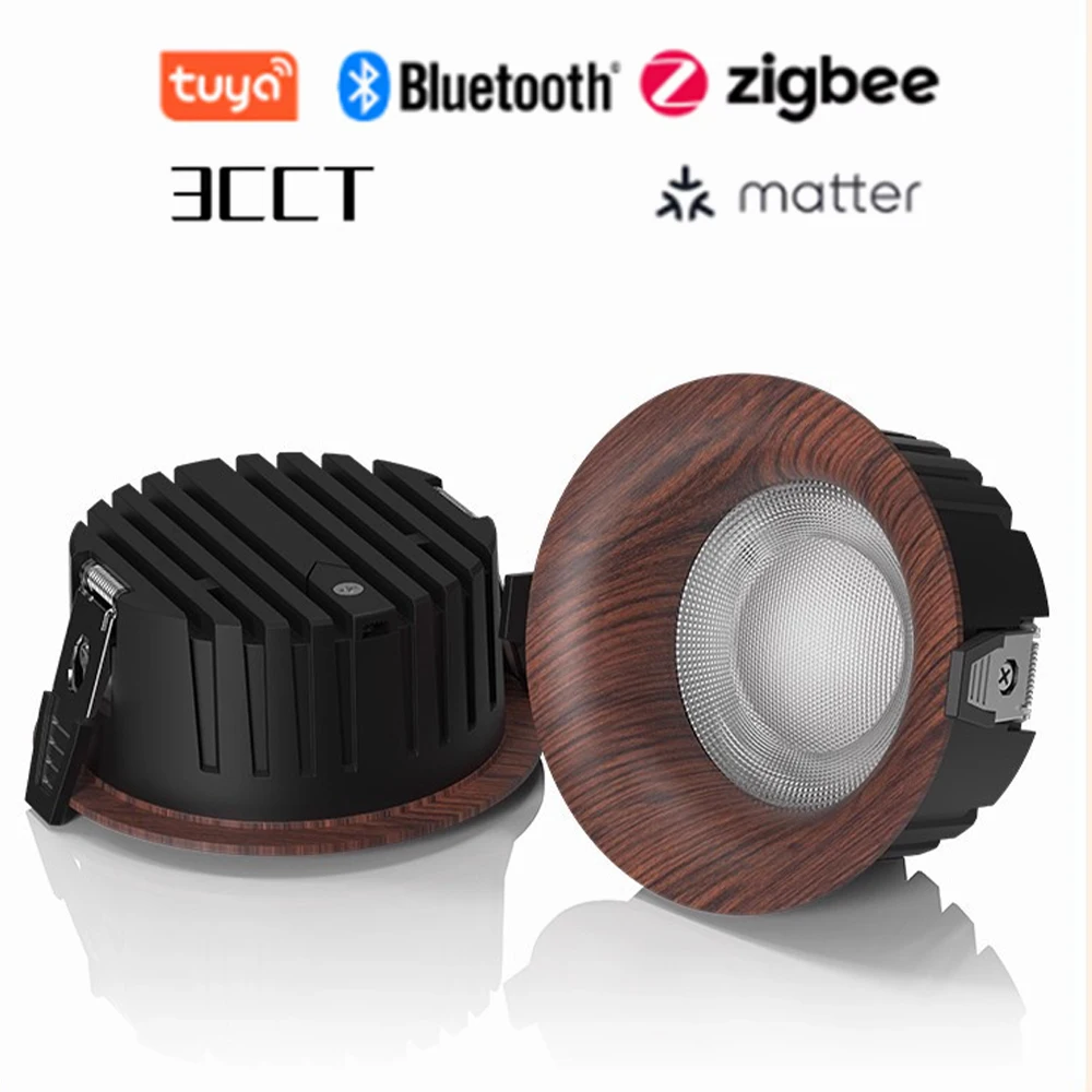 Wood Grain Recessed LED Downlight 5W-18W Natural Wood Style 3CCT Tuya Bluetooth/Zigbee Matter Smart LED Ceiling Light for Home