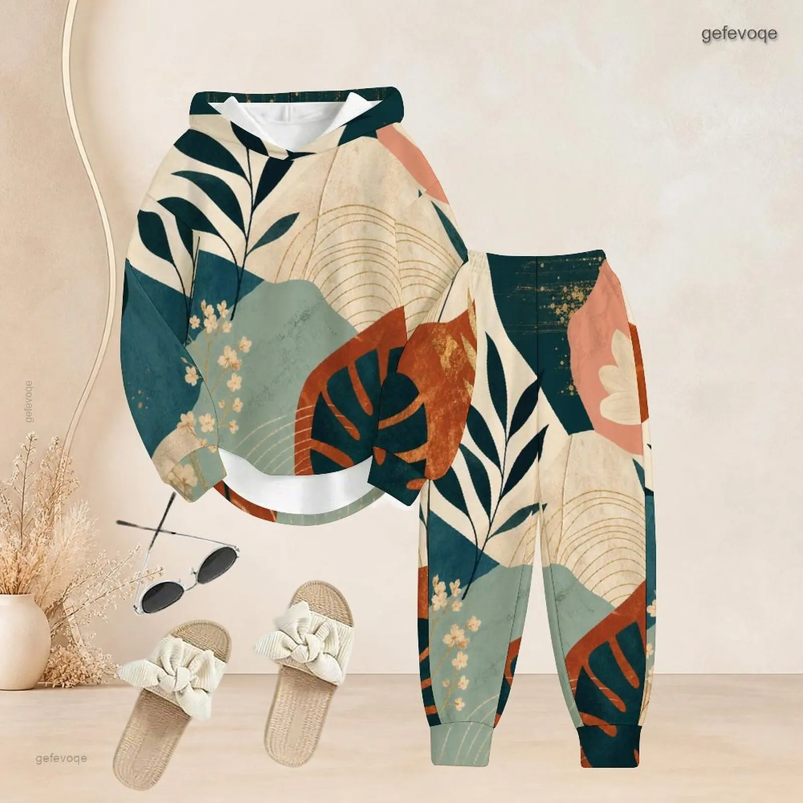 Women Long Sleeve Hooded Top Cuffed Pants Two Piece Printed Pants Set