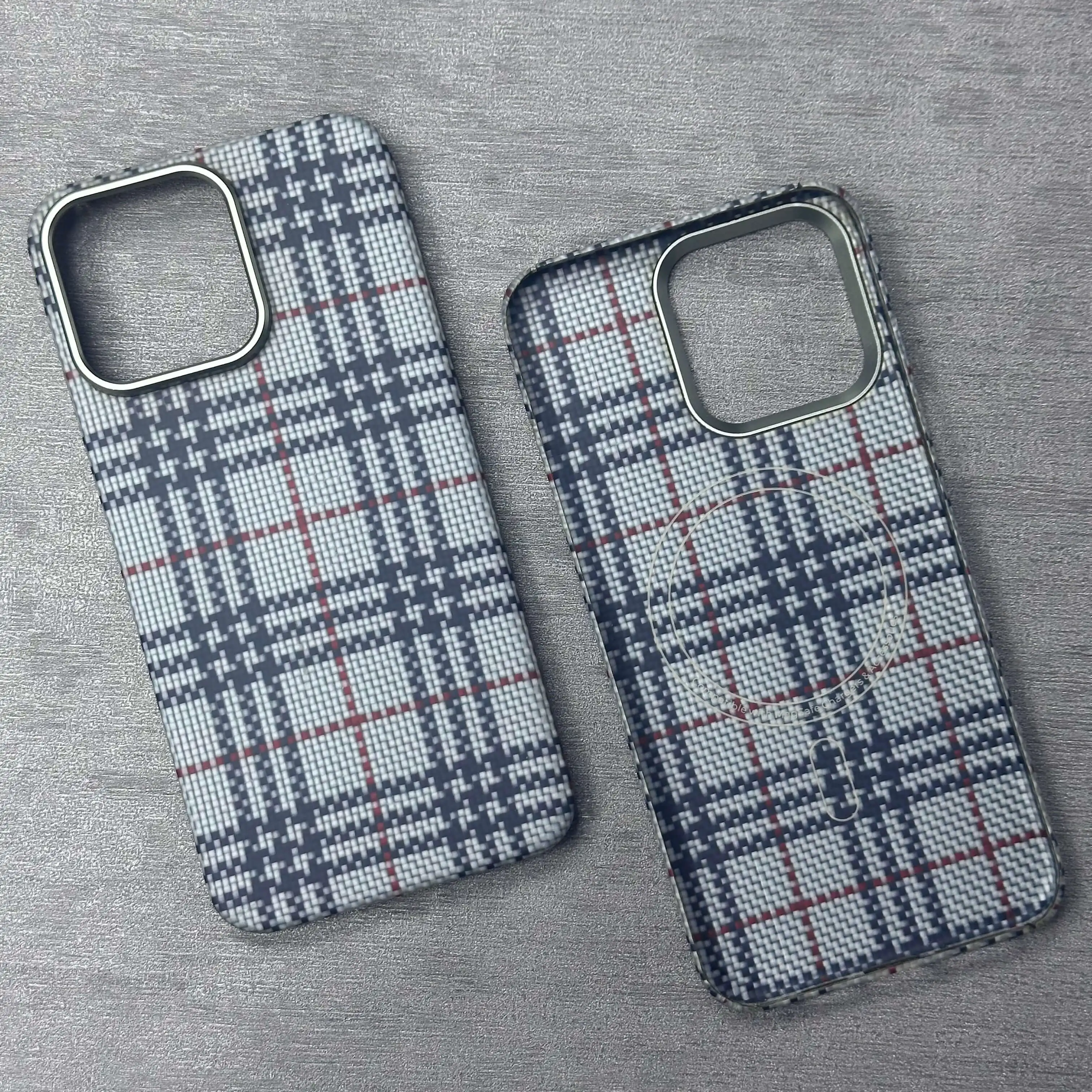 For iPhone 15/16 Series Luxury Check Pattern Kevlar Case, Yellow White Plaid Aramid Fiber Magnetic Magsafe,Full Shockproof Cover