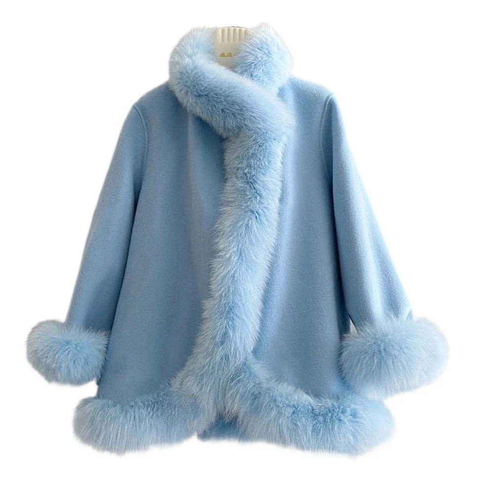 

ZDFURS*2022 Elegant New Chinese Socialite Style Fox Fur Mid-Length Double-Sided Wool Cashmere Cape Coat Female Winter