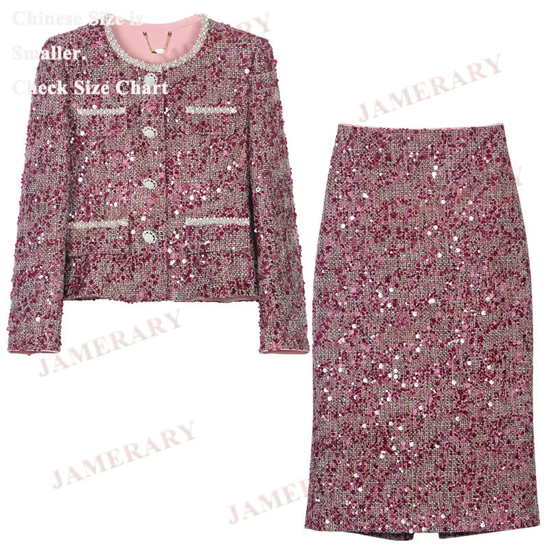 

Autumn Winter Sequin Tweed Dress Two-Piece Set Women's Long Sleeve Jacket Pearl Coats Sheath Long Skirts Suits 2pcs Outfits