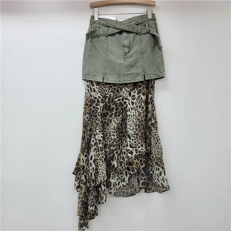 WTHT Trendy Women's Patchwork Leopard Mesh Denim Skirts 2024 Winter Fashion Cross Belt Design Long Skirt Female 1LS478