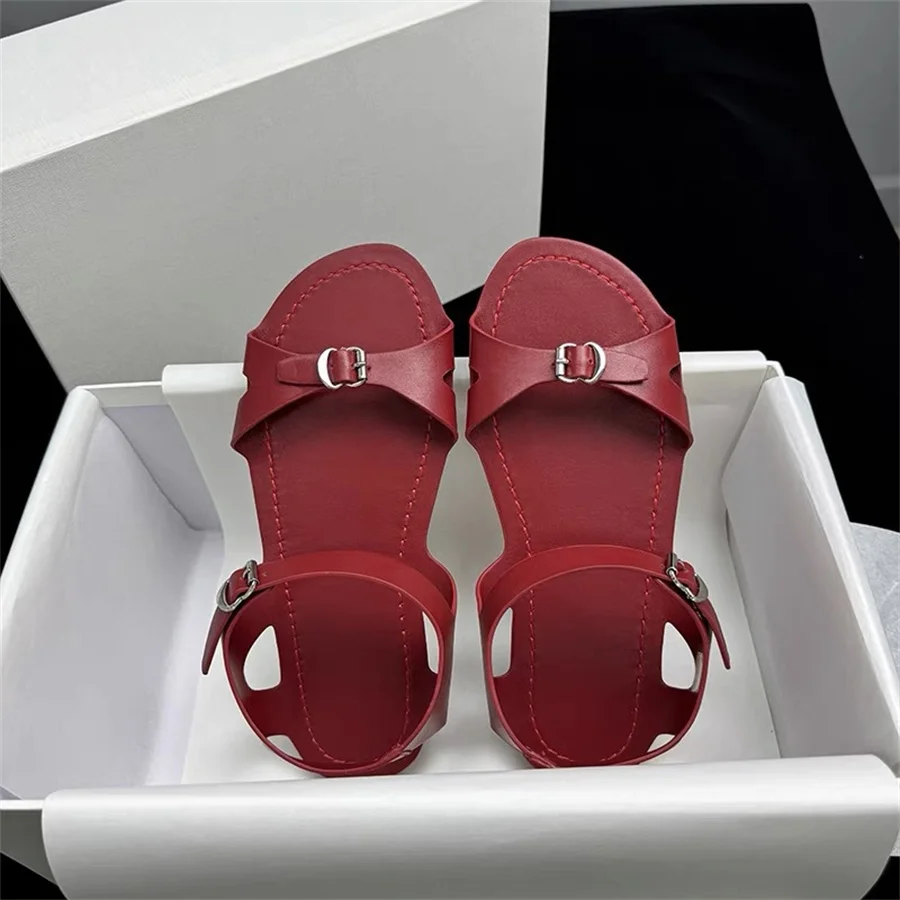 2024 New Fashion Red Women Sandals Summer Gladiator Sandalias Buckle Flat Shoes Woman Casual Beach Flats Designer Zapatos Mujer