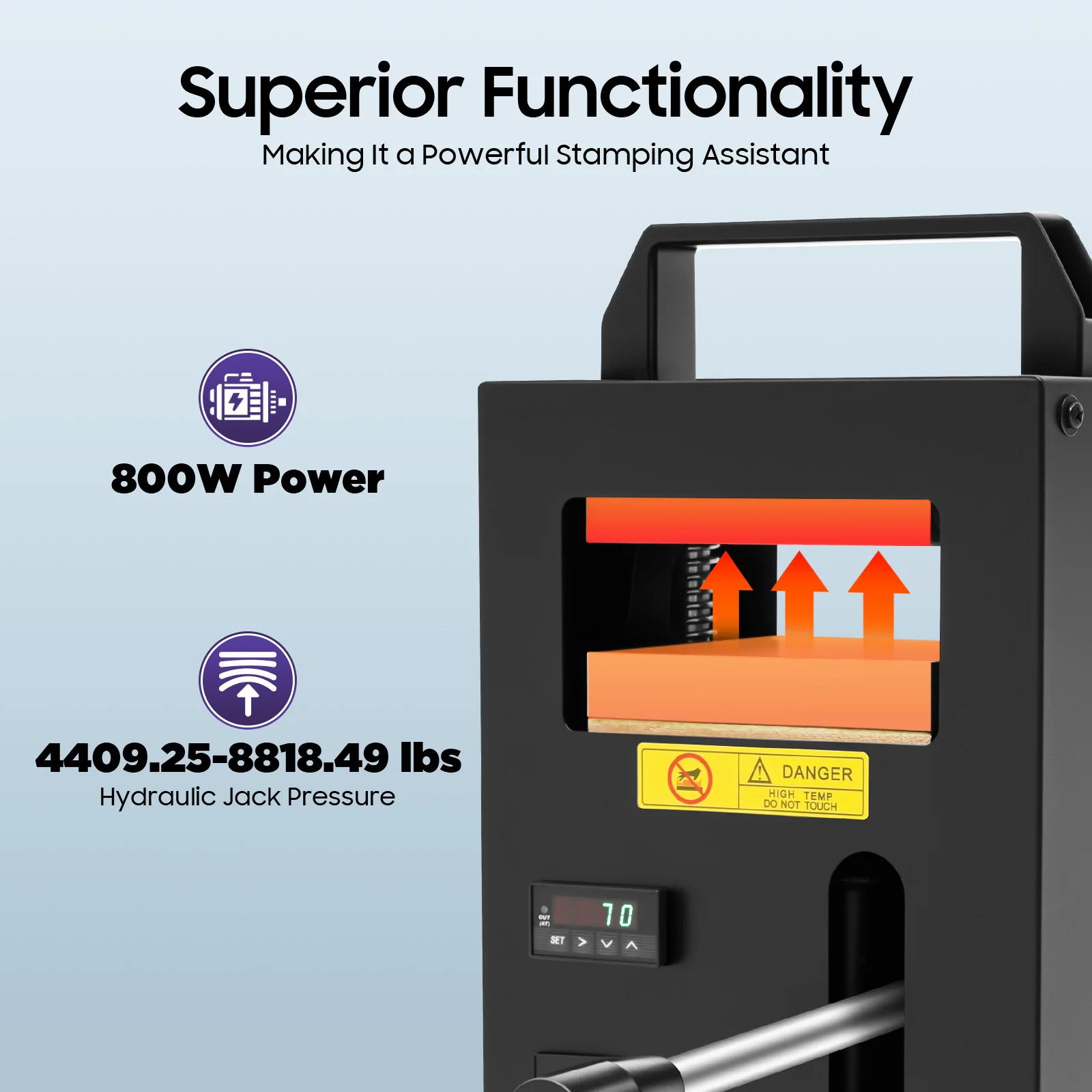 เครื่องกดความร้อนไฮดรอลิกเกรดเชิงพาณิชย์ ดูอัล 400 ° F เครื่องทำความร้อนเทอร์โมสตัท + แรงดัน 4T เครื่องมือสแตนเลสและกระดาษอบ