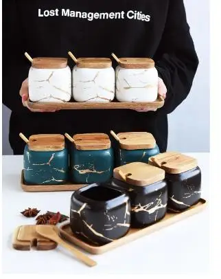 Nordic ceramics gold Marble Seasoning set With lid Spoon Wooden pallets Household kitchen Salt sugar Storage