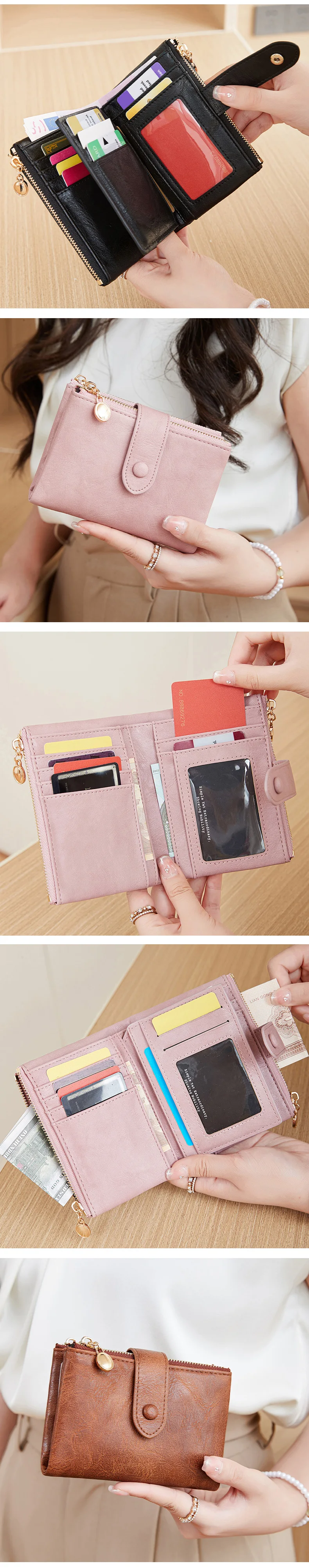 Minimalistische Damen-Geldbörse, kurz, dreilagig, großes Fassungsvermögen, Doppelreißverschluss, Kartenhalter, Ausweis, Kreditkartenetui, Geldbeutel – Detail 6