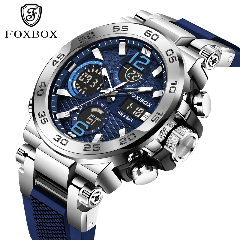 FOXBOX Fashion Luxury Quartz Men's Watch Military Waterproof Dual Display Luminous Chronograph clock Sports mens wristwatch+BOX