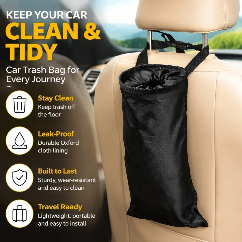 Car Trash Bag for Back Seat Headrest, Universal Hanging Garbage Can, Oxford Cloth Leak-Proof Car Organizer for Travel