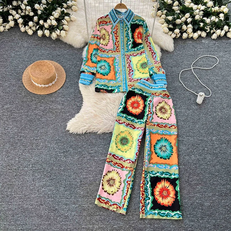 Women Fashion Luxury Print Shirt Top + High Waisted Wide Leg Pants New Spring Autumn Vintage Long Sleeve 2 Piece Sets A236