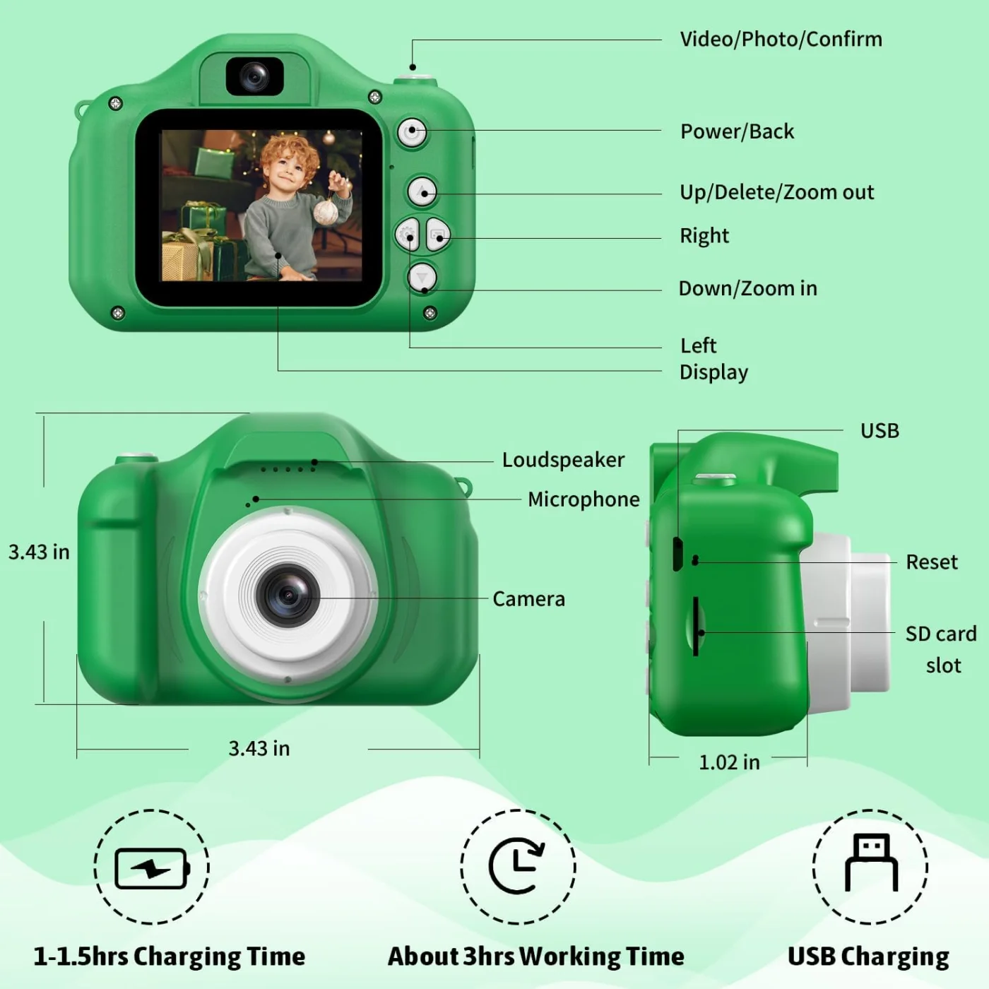 INOCTI Cámaras para niños, serie de dinosaurios, cámara de vídeo digital para niños pequeños, juguetes para regalos de cumpleaños de Navidad