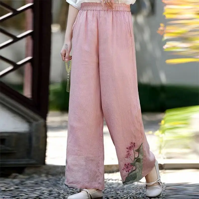 Pantalon rétro brodé en coton et lin pour femmes, jambes larges, léger, respirant, décontracté, été